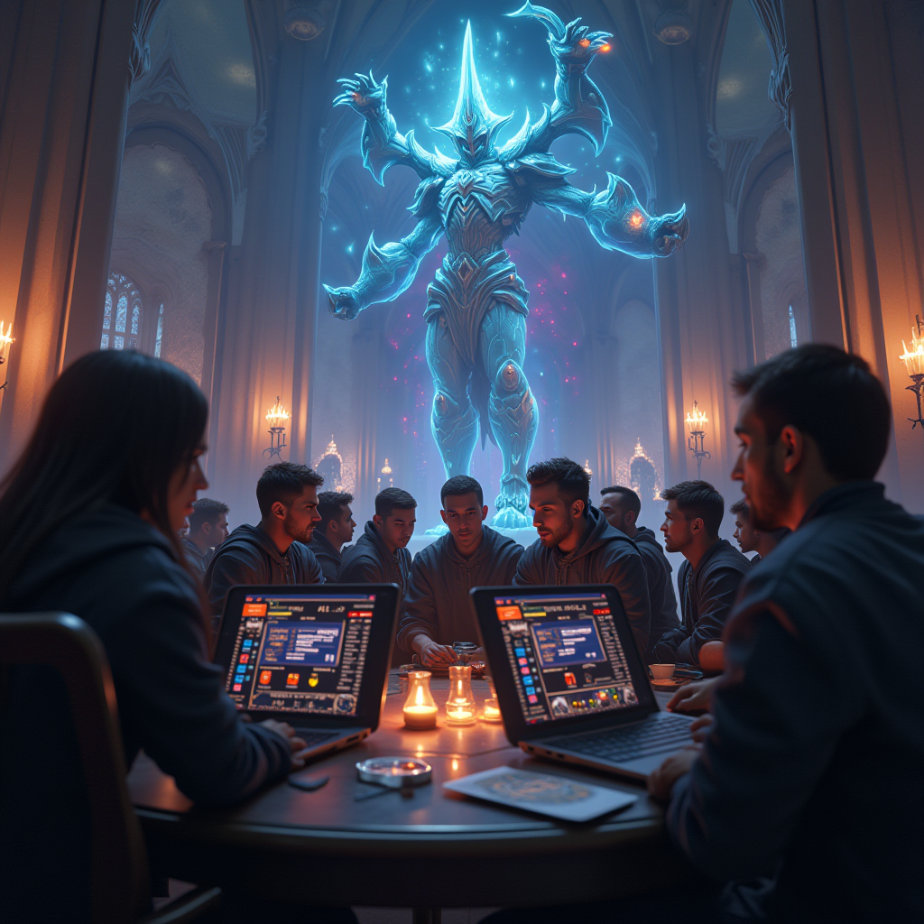 Screenshot of guild members working together in an MMORPG raid encounter, showing coordinated team play with shared progression indicators, health bars, and communication overlays demonstrating collaborative gameplay mechanics