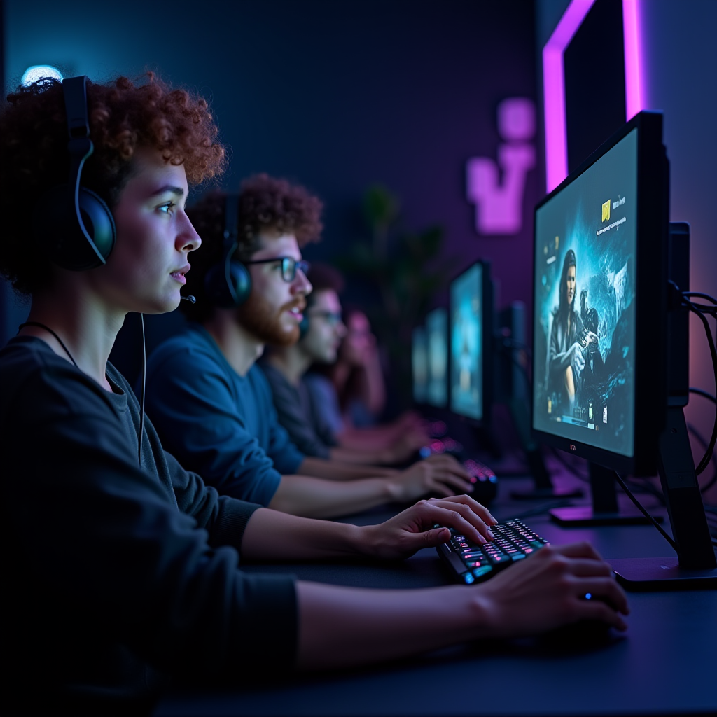 Group of diverse gamers wearing headsets and communicating via voice chat while playing multiplayer games together in a modern gaming setup with multiple monitors showing team-based gameplay