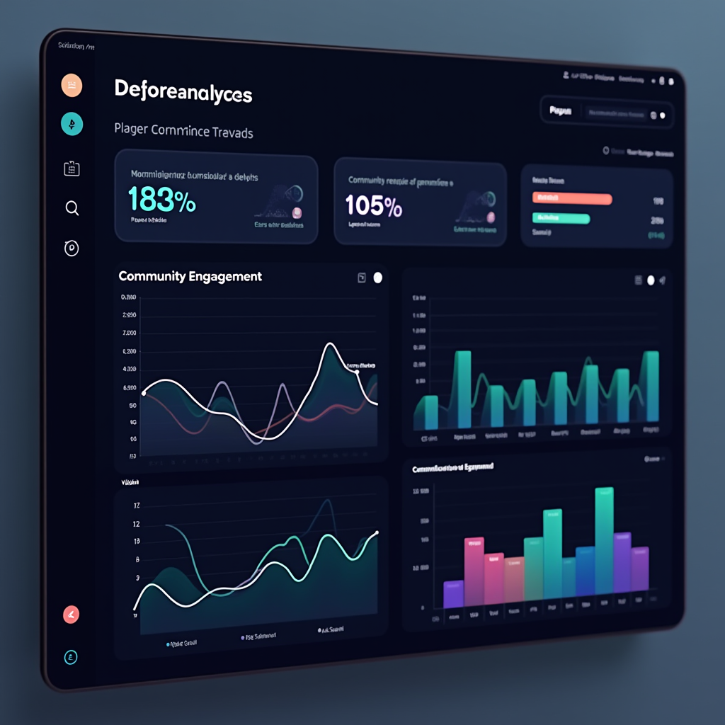 Modern analytics dashboard displaying player retention metrics, community engagement graphs, and social interaction statistics with colorful charts and trend lines
