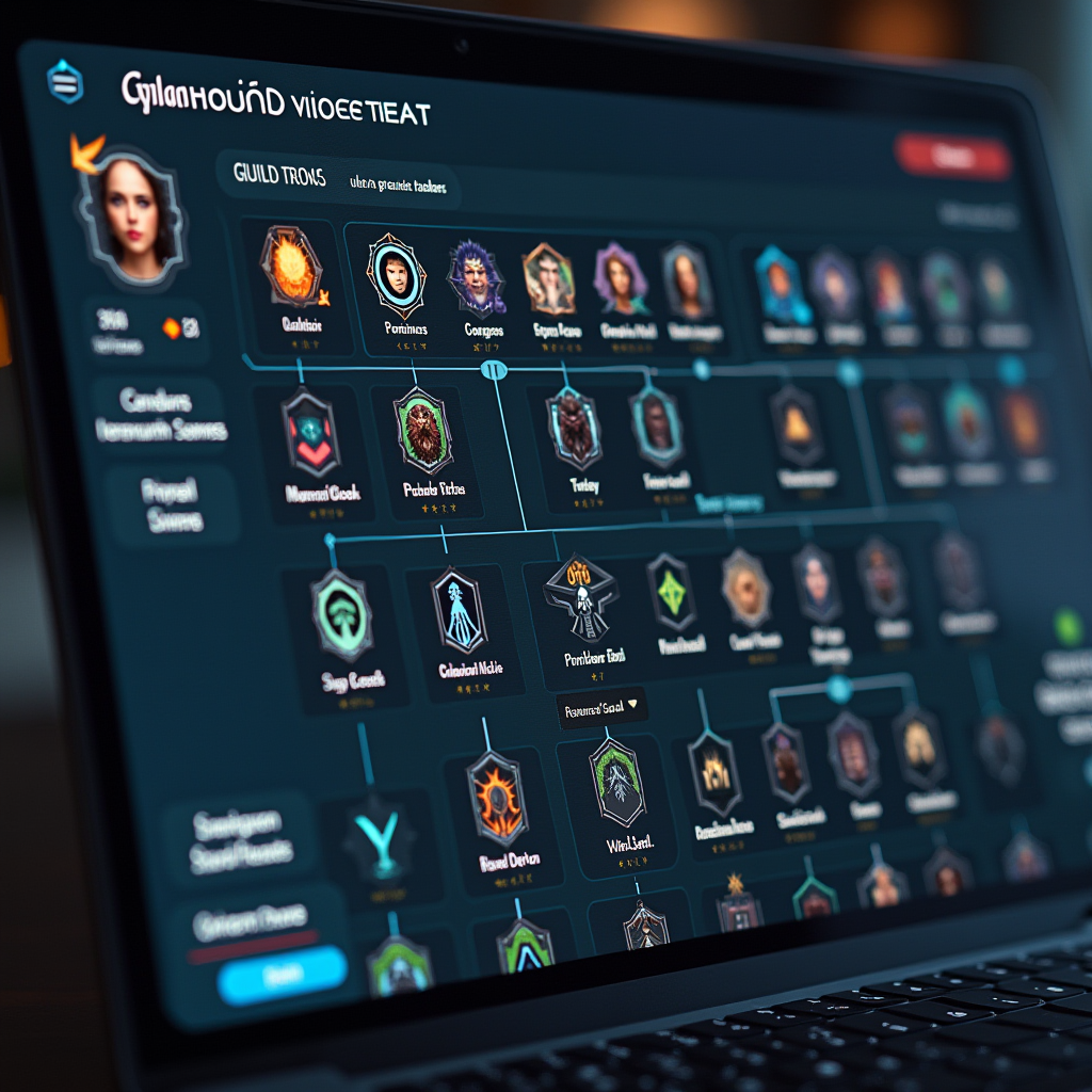Detailed guild management interface displaying member hierarchy, shared resource pools, collective progression trees, and collaborative goal tracking systems that encourage ongoing group participation