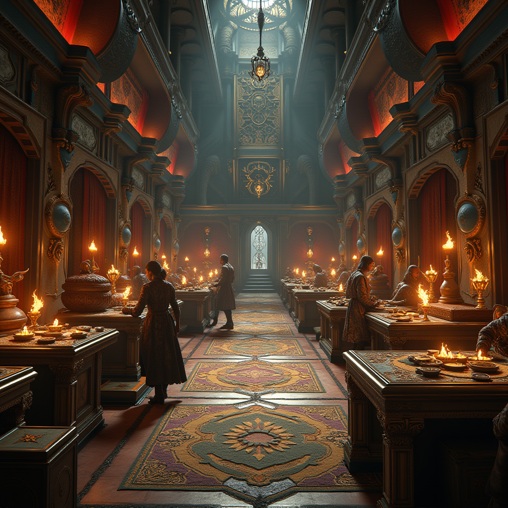 Guild Wars 2 guild hall interior showing multiple players contributing resources, decorating spaces, and working on collective upgrades, demonstrating the game's collaborative guild progression systems