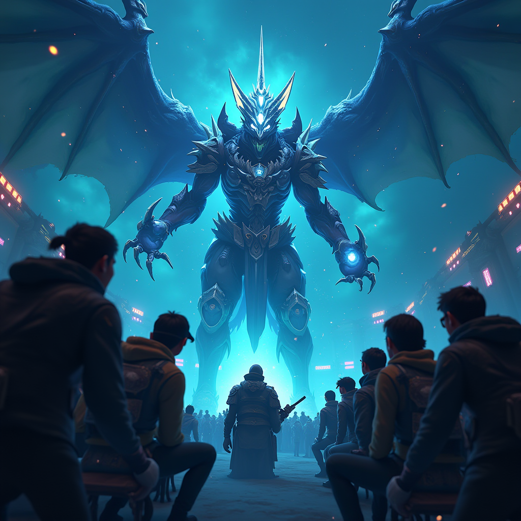 Dynamic multiplayer game scene showing diverse team of players working together on a raid boss encounter, with coordinated ability effects, team health bars, shared objective markers, communication indicators, and collaborative victory celebration, vibrant blue and teal lighting effects highlighting teamwork