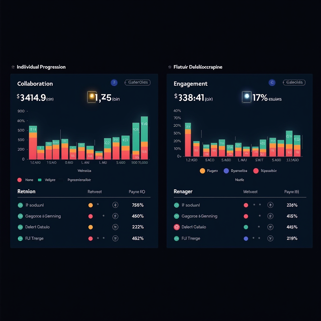 Side-by-side comparison dashboard showing individual progression paths versus collaborative objective systems with retention metrics, player satisfaction scores, and engagement timelines