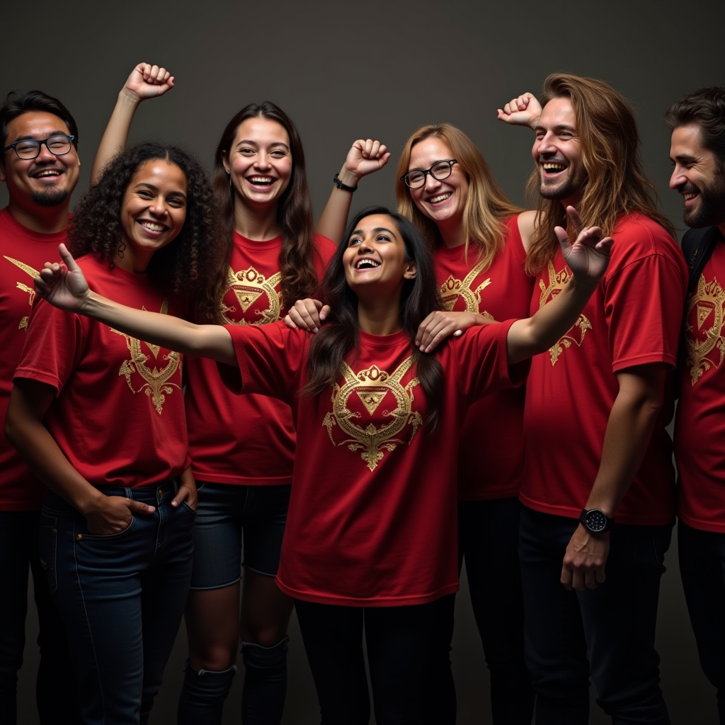 Group of guild members celebrating a major achievement together, wearing matching guild emblems and coordinated appearances, demonstrating strong social identity and community belonging in online gaming