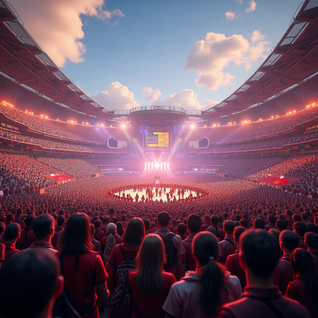 Large-scale in-game community event with hundreds of players gathered together for a special celebration or tournament in a vibrant virtual world