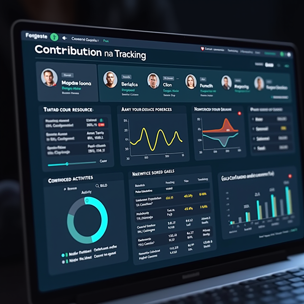 Detailed guild contribution tracking interface displaying individual member statistics, resource contributions, activity participation, and collective progress toward shared goals with visual progress indicators
