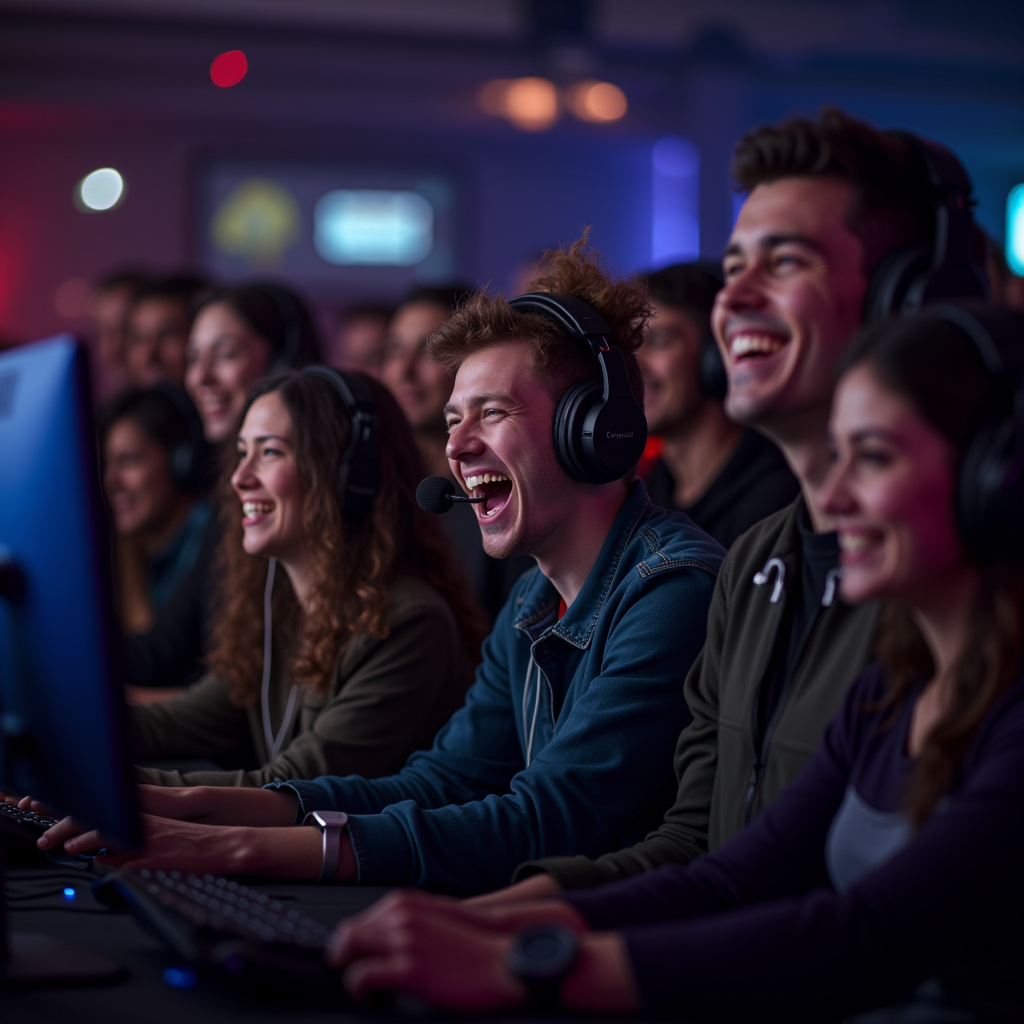 Diverse group of gamers celebrating together in a gaming tournament or community event, showing genuine joy and camaraderie, representing the strong social bonds formed through voice communication in gaming