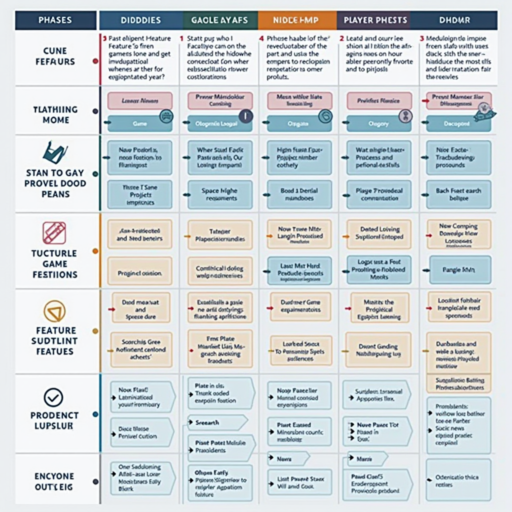 Detailed game development roadmap showing implementation phases for collaborative features, timeline with milestones, feature priority matrix, player onboarding flow, and retention optimization strategies, professional project management visualization with color-coded phases