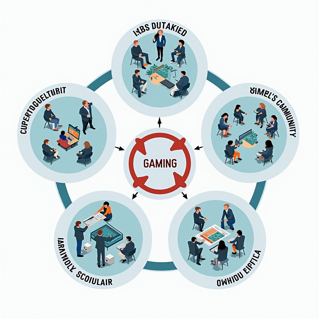 Comprehensive diagram showing the elements of a resilient gaming community, including diverse social connections, active community management, engaging content cycles, and player support systems