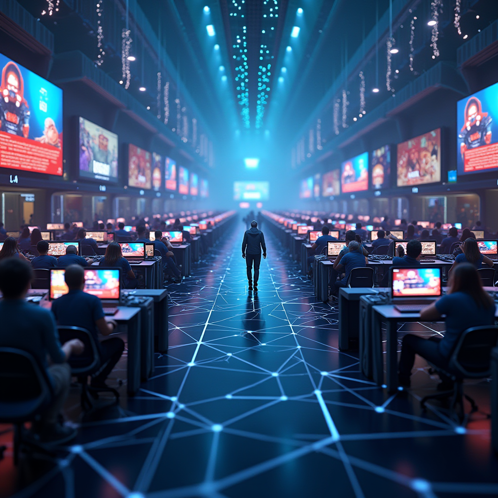Futuristic visualization of an ideal gaming community showing interconnected players, AI-assisted community management, and dynamic social network optimization creating a thriving, resilient player ecosystem